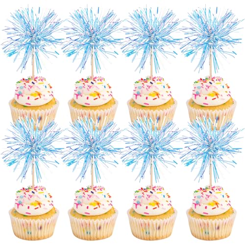 30 PCS Foil Firework Cupcake Toppers Happy Birthday Cupcake Toppers Sparkle Tinsel Flower Drink Stirrers Cocktail Fruit Toothpicks for Valentine's Day Baby Shower Party Cake Decor Supplies Blue (30 Count)