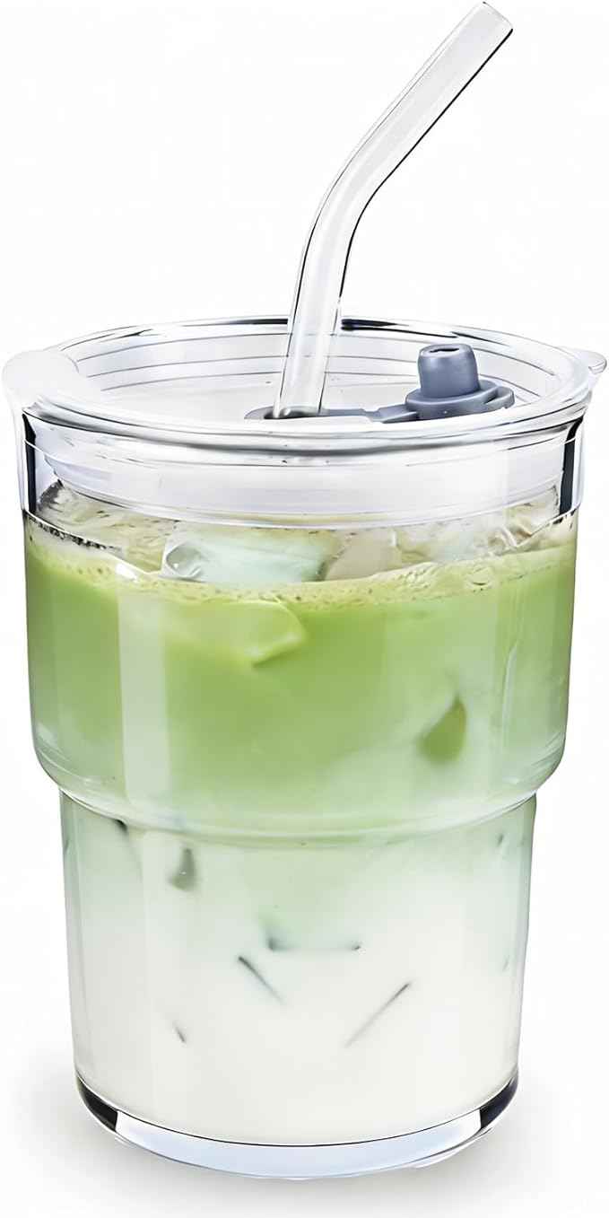 Glass Cups With Lids And Straws, Matcha Cup, Iced Coffee Cup,13Oz/400ml Iced Coffee Glasses Tumbler, Thick Wall Glass Mug For Tea Water, Cute Chirstmas Gifts (Clear,1PCS)