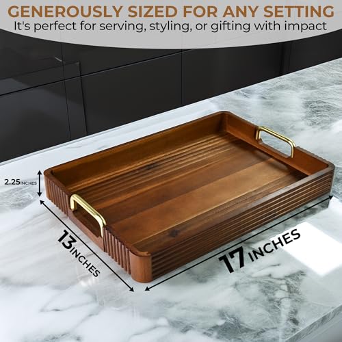 Acacia Wood Serving Tray with Metal Handle
