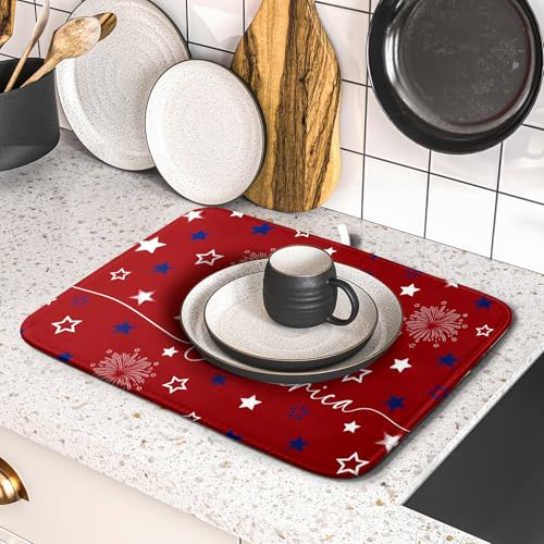 4th of July Dish Drying Mat 16"x18" Patriotic Usa Stars America Firework Dish Drainer Mats Independece Day Reversible Microfiber Dish Drying Pad for Kitchen Countertop Small Decor