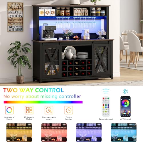 63"Wide 58"H Farmhouse Coffee Bar Cabinet with Power Outlet and LED Light
