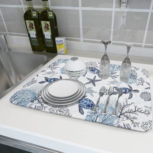 18"x24" Coastal Sea Turtles Dish Drying Mat Nautical Ocean Tortoise Coral Starfish Dish Drainer Mats for Kitchen Microfiber Reversible Dish Drying Rack Pad for Countertop Tabletop Decor