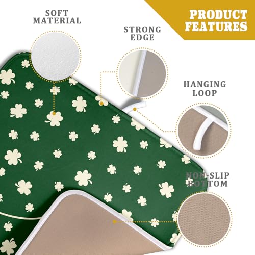 St Patricks Day Dish Drying Mat Green Lucky Clovers Dish Drainer Mats 16"x18" Shamrock Holiday Microfiber Reversible Dish Drying Rack Pad Protector for Kitchen Countertop Small Decor