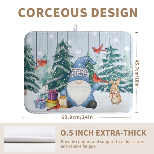 Winter Gnome Dish Drying Mat Christmas Tree Snowman Large Kitchen Mats Dish Drying Pad Bird Absorbent Dish Dryer Mat for Kitchen Countertops Microfiber Drainer Pad Dish Drying Mats