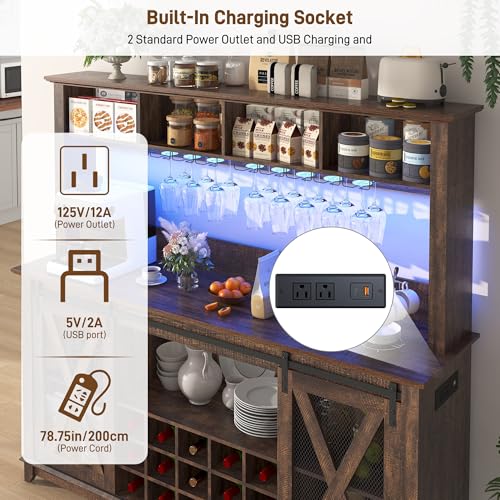 63"Wide 58"H Farmhouse Coffee Bar Cabinet with Power Outlet and LED Light
