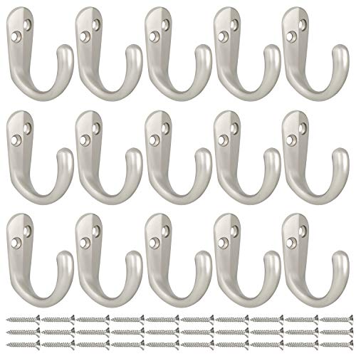15PCS Coat Hooks Wall Mounted Silvery Single Prong Robe Hook (15 Count)