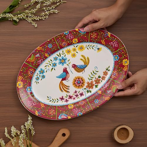Red Spring Bird 16 plus 14 inch Oval Platters Set (2 Count)