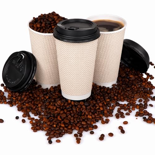 16 oz Natural Cream Disposable Coffee Cups with Lids (80 Count)