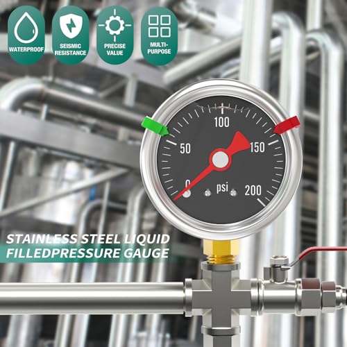 0 200PSI Stainless Steel Glycerin Filled Pressure Gauge 1.5" Black Dial Size