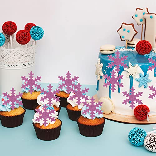 50Pcs Purple Edible Cupcake Toppers Snowflakes Cake Toppers Snowflakes Cake Decoration Winter Frozen Birthday Party Supplies (50 Count)