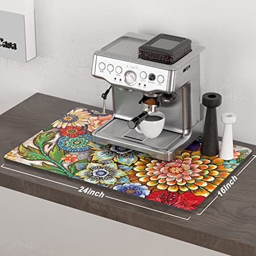 Coffee Mat 16" x 24" Cute Flower Theme Coffee Bar Mats for Espresso Machine Station Accessories and Organizer