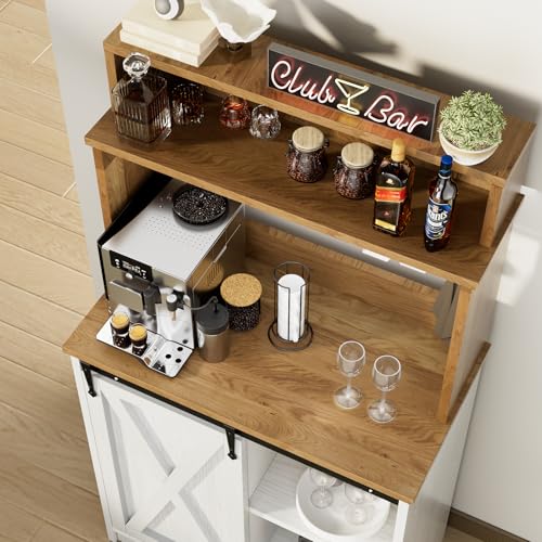 Farmhouse Coffee Station with 3 Tier Storage Hutch & 6 Hooks