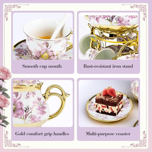 20 Pcs Porcelain Tea Set with Metal Holder (20 Count)
