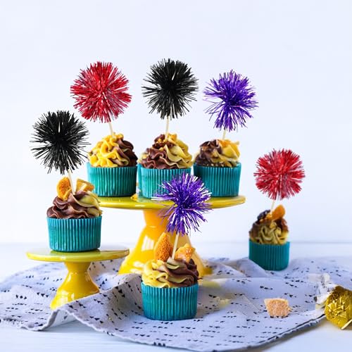 30Pcs Foil Firework Cupcake Toppers Sparkle Tinsel Cake Toppers Tinsel Drink Cake Decoration Cocktail Picks for Halloween Birthday Wedding Graduation Party Supplies Purple Black Red (30 Count)