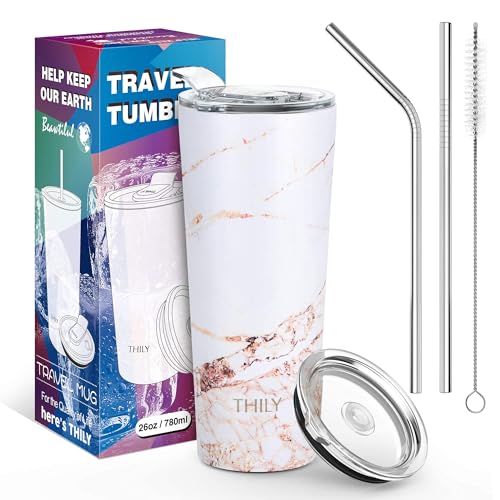 Stainless Steel Vacuum Insulated Tumbler Travel Mug 26 oz Coffee Cup with 2 Lids and Straws