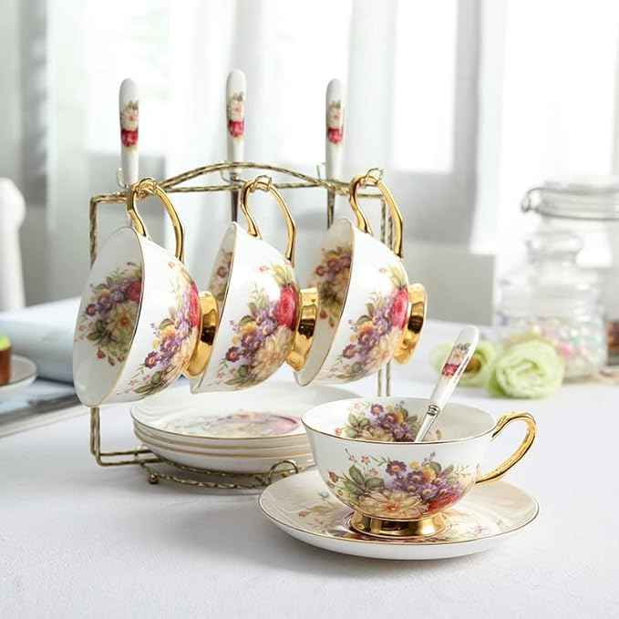 Coffee Mugs Pastoral Floral Bone Tea Cup Saucer Spoon Set 200ml Cafe Ceramic Coffee Cup Elegant Advanced Porcelain Teacup Dropshipping Mug Set (Color : 4Cups n Holder)