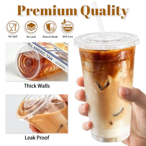 100 Pack 24 oz Clear Plastic Cups with Lids and Straws Disposable (100 Count)