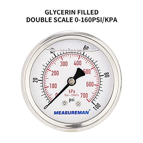 2-1/2inch Dial Size, Glycerin Filled Pressure Gauge, 0-100psi/kpa, 304 Stainless Steel Case, 1/4 Inch NPT Center Back Mount