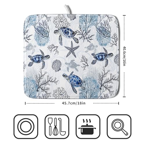 16"x18" Coastal Sea Turtles Dish Drying Mat Nautical Ocean Tortoise Coral Starfish Dish Drainer Mats for Kitchen Microfiber Reversible Dish Drying Rack Pad for Countertop Tabletop Decor