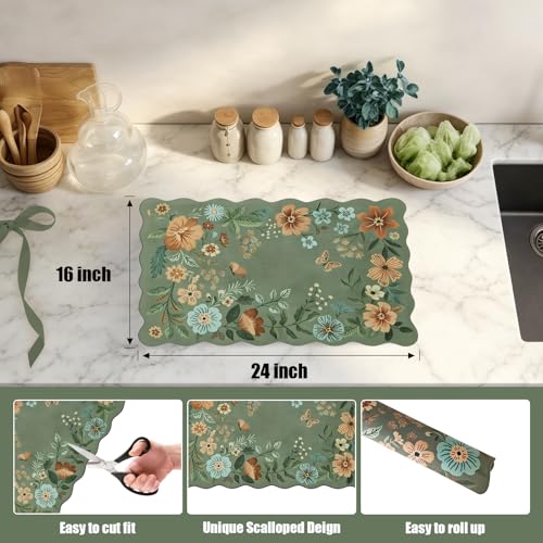 Scalloped Bohemian Boho Floral Flower Coffee Bar Mat Dish Drying Mats for Kitchen Counter
