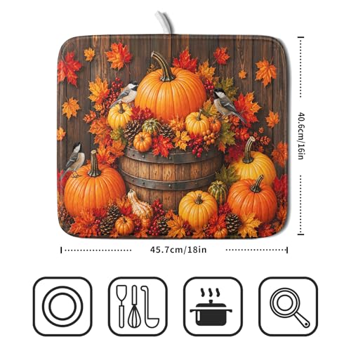Autumn Dish Drying Mat for Kitchen Countertop Fall Pumpkin Maple Leaf Birds Dish Drainer Mats 16x18inch Rustic Wood Board Grain Dish Drying Rack Pad Protector for Dining Seasonal Decor
