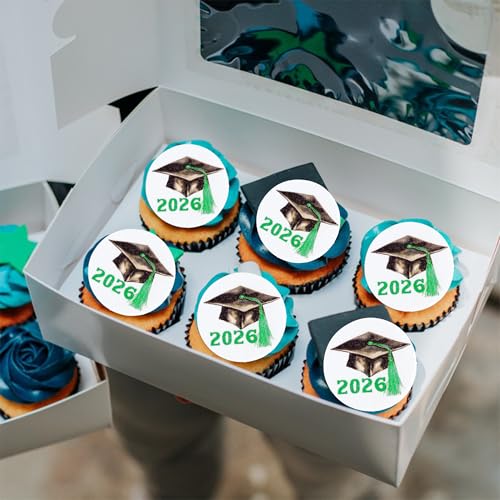 48Pcs Edible 2026 Graduation Theme Cupcake Toppers Wafer Paper Graduation Hat Graduate Cupcake Picks 2026 Students Grad Theme Party Cake Decorations Supplies Green (48 Count)