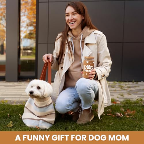 Dog Mom Cup 16 Oz Can Glass Coffee Mug with Bamboo Lid & Straw
