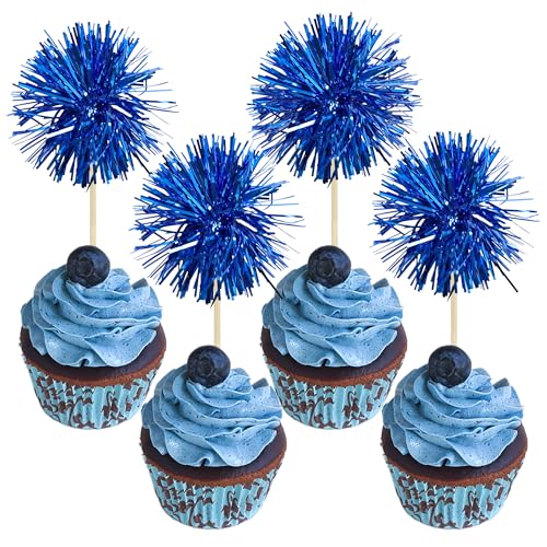 30Pcs Foil Firework Cupcake Toppers Sparkle Tinsel Cake Toppers Tinsel Drink Cake Decoration Cocktail Picks for Birthday Wedding Graduation Party Supplies Dark Blue (30 Count)