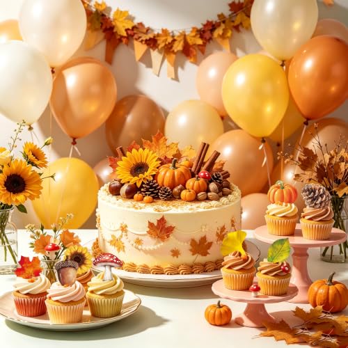 72PCS Edible Fall Leaves Cupcake Toppers Wafer Paper Autumn Maple Leaves Cake Decorations Edible Ginkgo Leaf Acorn Mushroom Sunflower Cake Picks for Thanksgiving Birthday Party Decorations