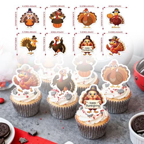 72PCS Edible Thanksgiving Day Cupcake Toppers Wafer Paper Turkey Cupcake Toppers Picks Autumn Cake Decorations for Thanksgiving Party Decoration Supplies