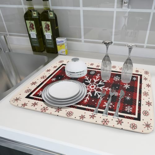 18"x24" Christmas Snowflakes Dish Drying Mat Xmas Red Black Buffalo Plaids Winter Snow Dish Drainer Mats Microfiber Reversible Dish Drying Rack Pad for Kitchen Countertop Tabletop Decor