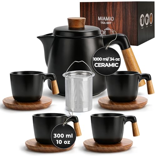 34 Oz Ceramic Tea Pot Set with Infuser and Cups