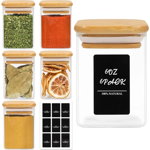 Glass Spice Jars with Labels 6 oz 6 Pack Small Square Bamboo Lids (6 Count)