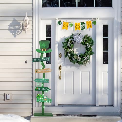 43.8" Lighted Wooden St. Patrick's Day Porch Sign Leprechaun Hat Shamrock Irish Train Standing Signs With Base For Indoor Outdoor Yard Decor