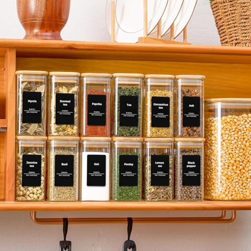 Glass Spice Jars with Labels 10 oz 12 Pack Large Square Bamboo Lids (12 Count)