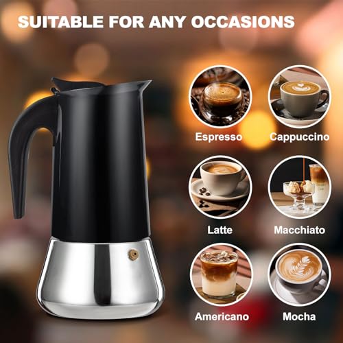 2 Cup Stovetop Espresso Maker Stainless Steel Moka Pot Stove Top Percolator Italian Coffee Makers Capable Mocha Greca Machine Cafe Classic Induction Cookers for Home and Camping 100ml 3.3oz