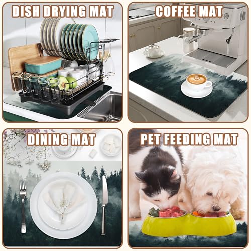 Foggy Forest Coffee Mat Absorbent Dish Drying Mat for Kitchen Counter Hide Stain Rubber Backed Coffee Bar Accessories Fit Under Espresso Machine Dish Drainer