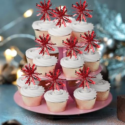 30 PCS Foil Firework Cupcake Toppers Sparkle Tinsel Cupcake Picks Happy Birthday Cake Toppers Drink Stirrers Cocktail Food Fruit Toothpicks for Baby Shower Birthday Party Decorations Supplies Red (30 Count)