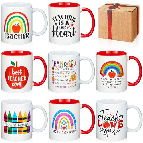8 Pieces 12 oz Teacher Appreciation Gifts Bulk Coffee Mugs Set with Handle Ceramic Matching Cups Bulk for Best Teacher Thank You Home School Office Table Centerpieces (8 Count)