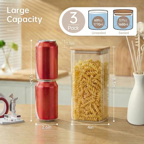 57 oz Square Glass Food Storage Containers with Airtight Bamboo Lids (3 Count)