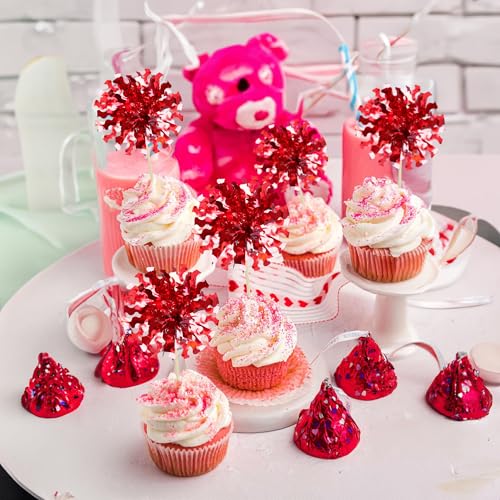 30Pcs Foil Firework Cupcake Toppers Happy Birthday Cake Toppers Tinsel Flower Drink Stirrers Cocktail Food Fruit Toothpicks for Valentine's Day Party Decorations Red (30 Count)