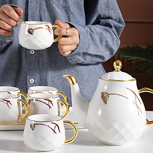 Porcelain Tea Set Tea Cups Sets of 6 Teapot and Cup Set Ceramic Tea Service with Lotus Pattern Gift for Adults Women