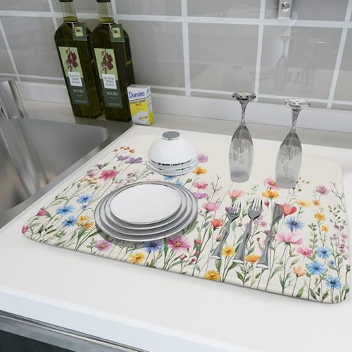 Spring Floral Dish Drying Mat 18"x24" Watercolor Summer Wildflower Dish Drainer Mats Herb Flower Reversible Absorbent Dish Drying Pad Decor for Kitchen Countertop Dining Room