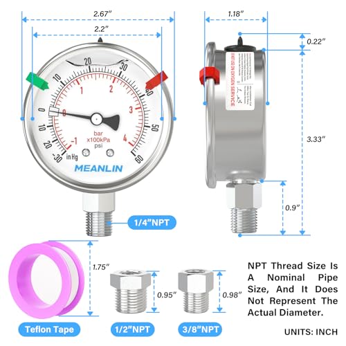 30inHG~60Psi Vacuum Pressure Gauge 316 Stainless Steel Joint 1