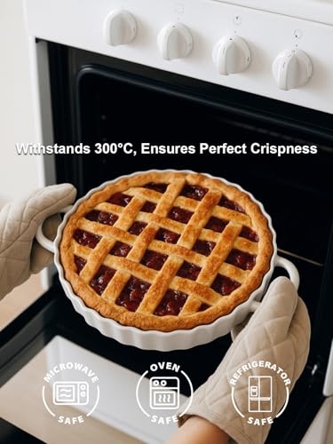 9×2in Deep Ceramic Pie Pan with Handles for Pie Quiche Tart Baking. Easy to grip