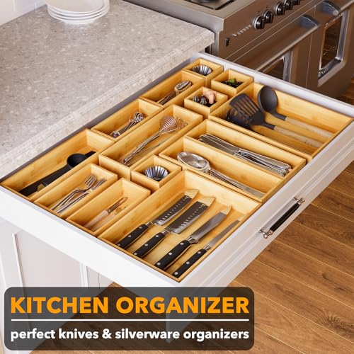 14 Piece Bamboo Drawer Organizer Storage Boxes Set