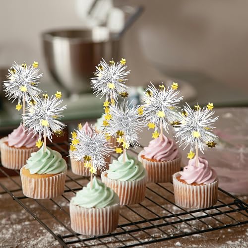 30 PCS Foil Firework Cupcake Toppers Happy Birthday Star Cupcake Picks Sparkle Tinsel Drink Stirrers Cocktail Fruit Toothpicks for Valentine's Day Wedding Birthday Party Decorations Supplies Silver (30 Count)