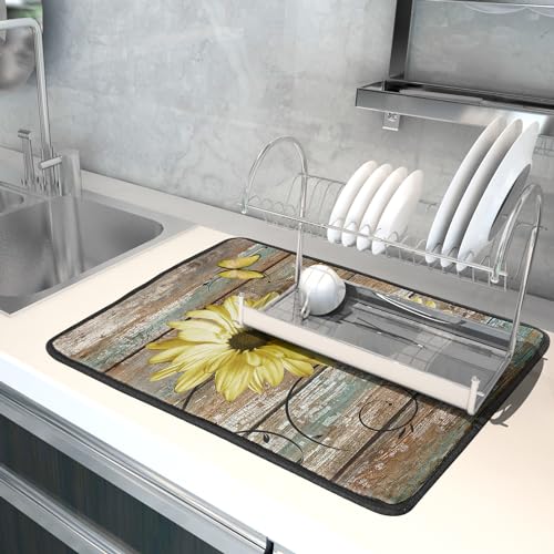 Rustic Daisy Dish Drying Mat for Kitchen Countertop 18x24 inch Yellow Sunflowers on Wooden Board Dish Drainer Mats Fast Drying Country Vintage Shabby Chic Flower Dish Drying Pad Decor Large
