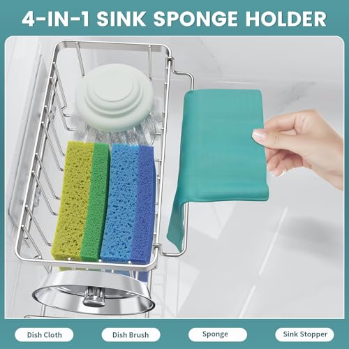 4-in-1 Sponge Holder for Kitchen Sink, Sink Caddy Organizers, Silver