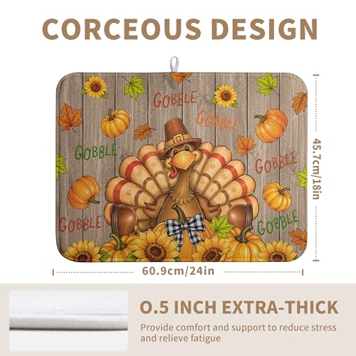 Happy Thanksgiving Turkey Dish Drying Mats Fall Pumpkin Dish Mat Drying Matt Autumn Dishes Dryer Pad for Kitchen Counter Absorbent Microfiber Washable Foldable Reusable 18x24 in
